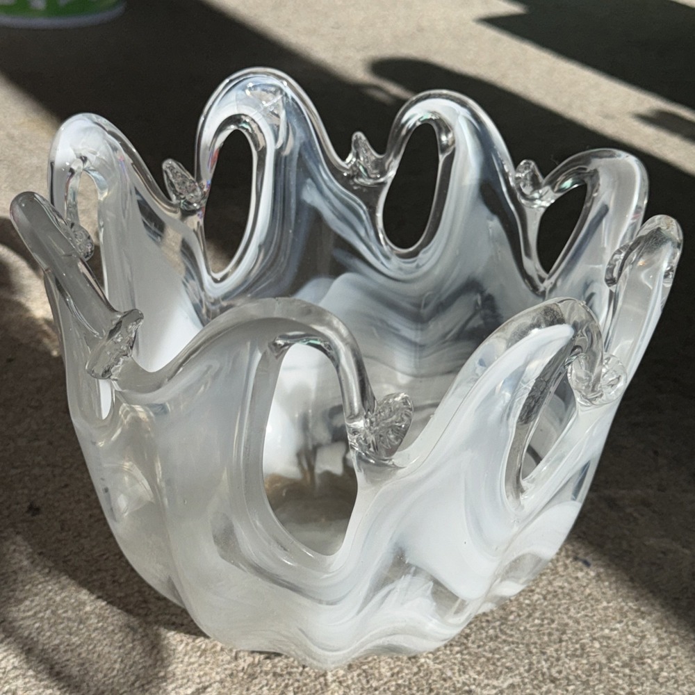 Vtg Murano White Crystal Large ITALY Art Glass CENTERPIECE Bowl Vase COA Sticker